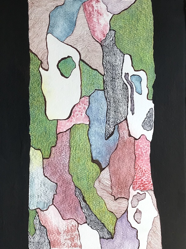 <i>Silhouette Abstract</i> – Ode to the Sycamore #8.  Watercolor, colored pencil, ink on paper. Framed, 21x15.