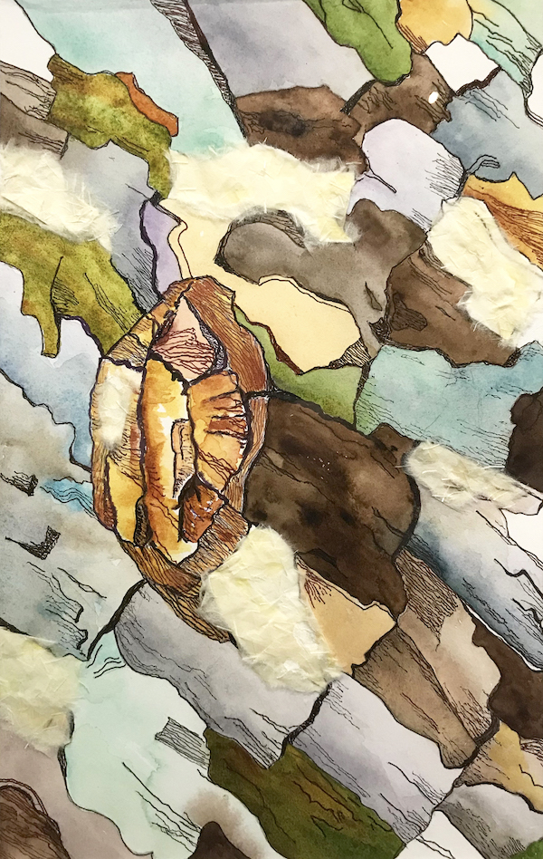 <i>It’s All About the Rich Bark</i> – Ode to the Sycamore #12. Watercolor, ink & paper on paper. Framed, 20x14.