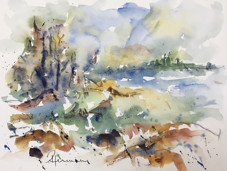 <i>Driving home from Door County WI – </i> Western shore of Lake Michigan. 
                     Watercolor and ink. Matted, 8x10.