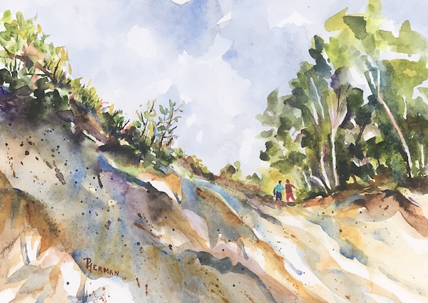 <i>Central Beach</i>. Watercolor on paper. Framed, 20x24.