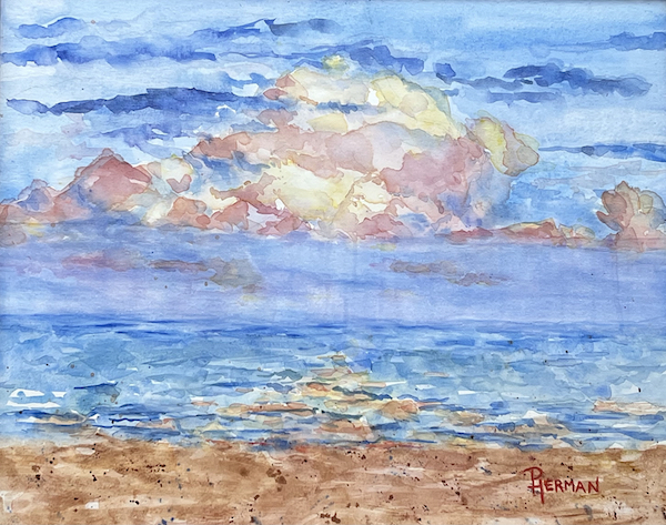 <i>Cumulus Beauty</i>. Watercolor on canvas. Framed, 18x22.