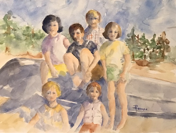 <i>The Kids – </i> Lake Huron Beach, Greenbush, MI. Watercolor on board. Unframed, 12x16.