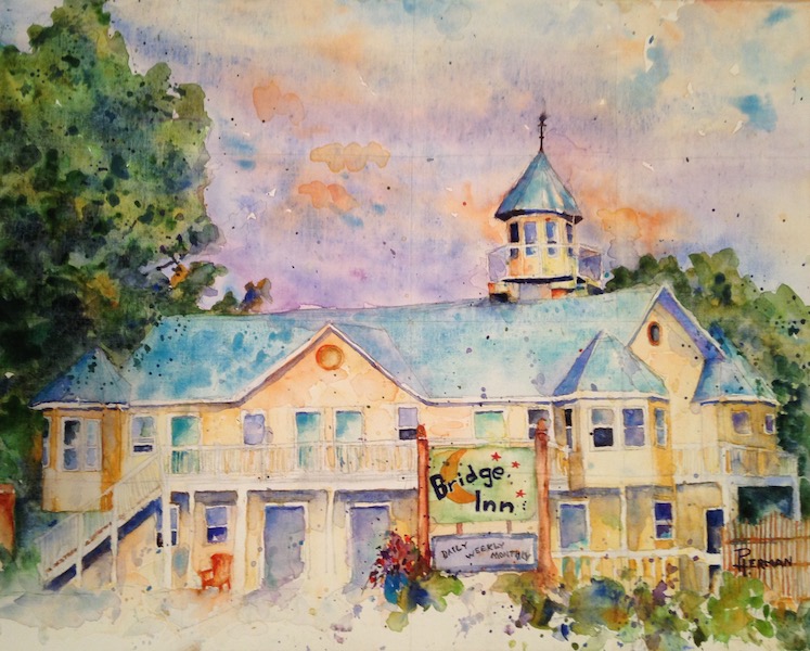 <i>Bridge Inn</i>. Watercolor on stretched canvas. Unframed, 16x20.