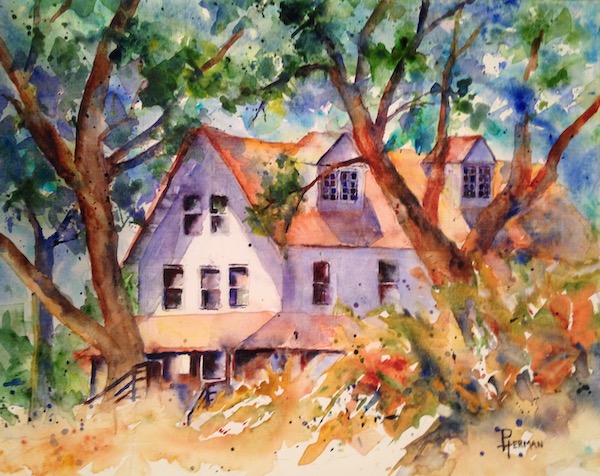 <i>Johnson Inn at Portage Beach</i>. Watercolor on stretched canvas. Unframed, 16x20.