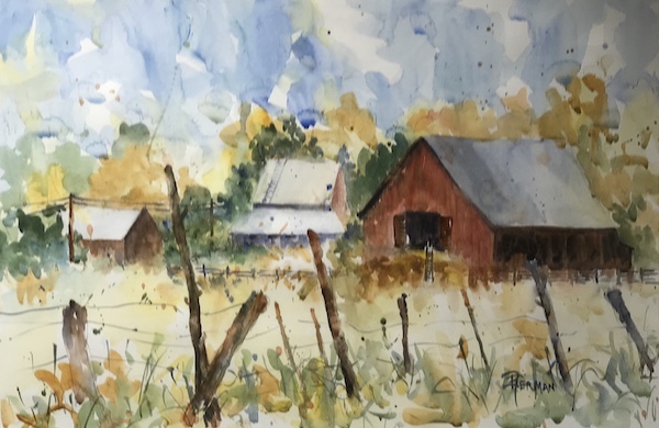 <i>Along the Fenceline</i>. Watercolor on paper. Framed, 21x29.