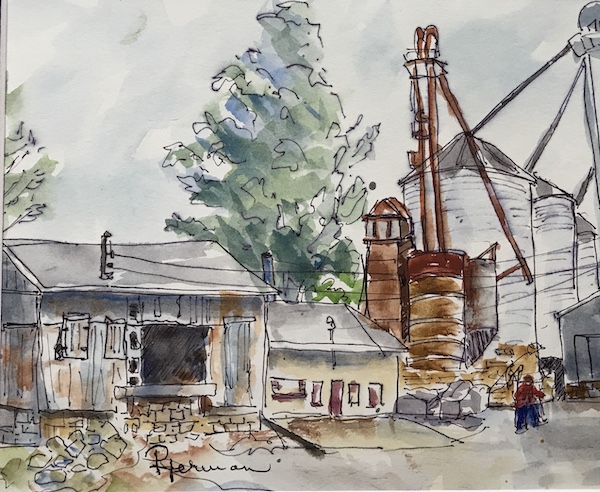 <i>The Silos, New Buffalo Michigan</i>. Watercolor and ink on paper. Framed, 13x17.