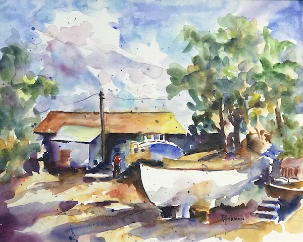 <i>The Boatyard</i>. Watercolor on canvas. Framed, 18x22.