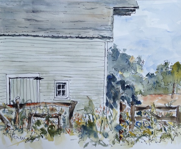 <i>Chellberg Farm, Indiana Dunes National Park</i>. Watercolor and ink on paper. Framed, 16x18.