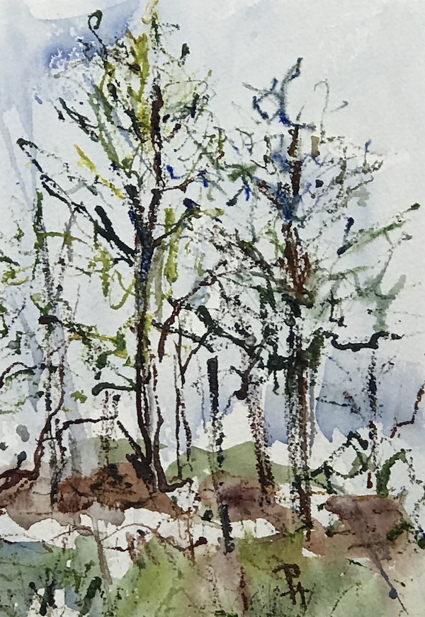 <i>Trees on Spring Day</i>. Watercolor on paper. Framed, 17x13.